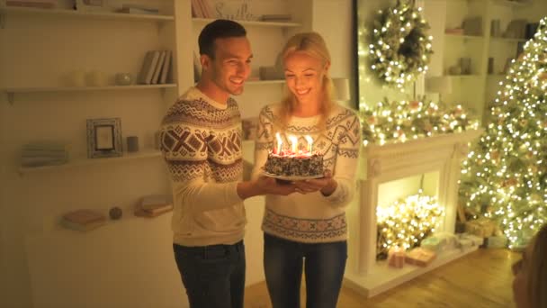Couple Giving Birthday Cake Candles Daughter Slow Motion — Stock Video