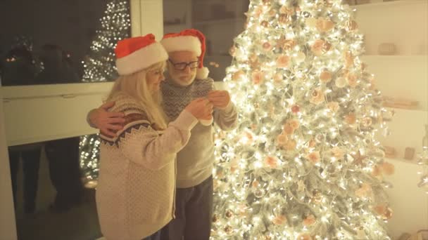 Gamle Mennesker Dekorerer Juletræet Langsom Bevægelse – Stock-video
