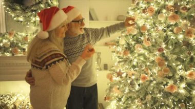Kırmızı şapkalı aile Noel ağacını süslüyor. yavaş çekim