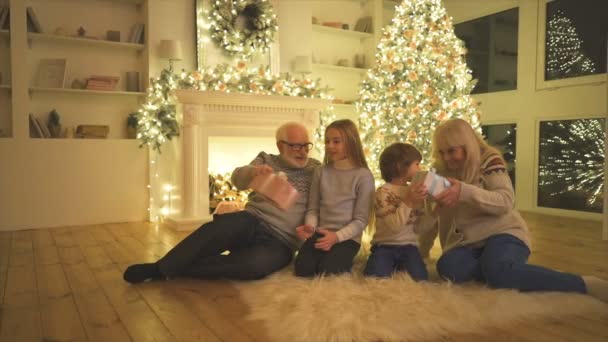 Los Abuelos Dando Regalos Los Niños Cerca Del Árbol Navidad — Vídeo de stock