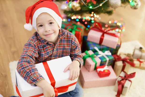 Happy Boy Sit Gift Box Christmas Tree — Stock Photo, Image