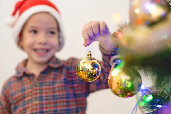 Happy Boy Hold Glass Ball Christmas Tree — Stock Photo, Image