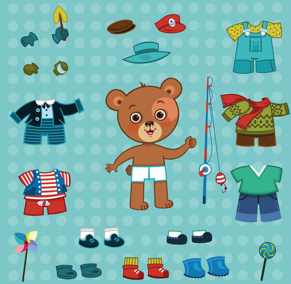 Cute bear boy with his cloth set. For dress up, paper doll games. (Vector illustration)