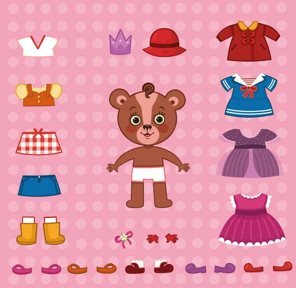 Linda Muñeca Papel Oso Con Conjunto Tela Ilustración Vectorial — Vector de stock