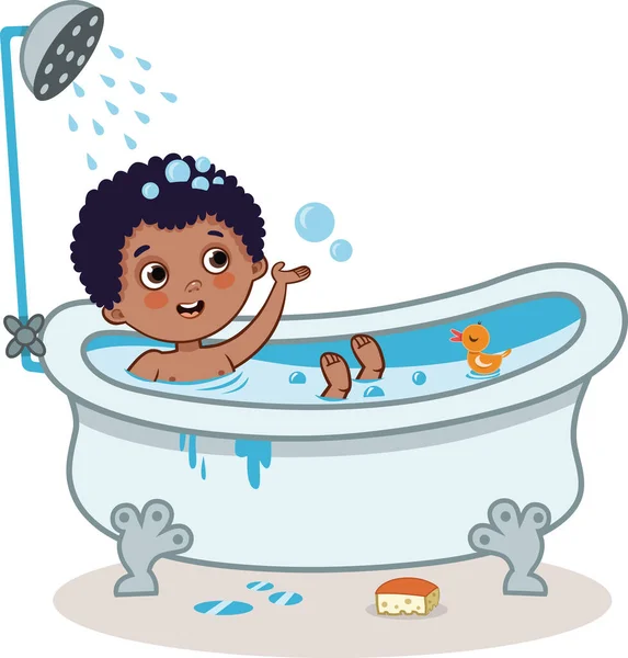 Netter Junge Badet Der Badewanne Vektorillustration — Stockvektor