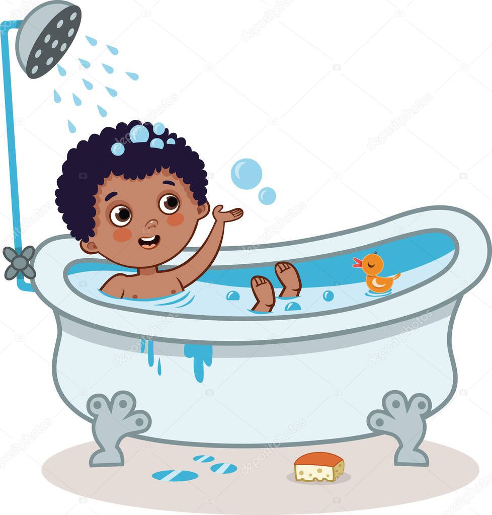 Cute boy is bathing in the bathtub. Vector Illustration.