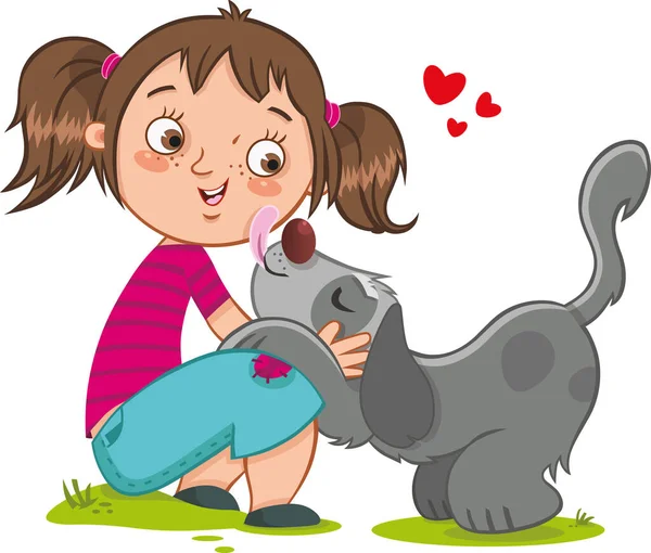 Küçük kız ve köpeği eğleniyor. Vektör illüstrasyonu.