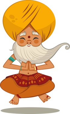 Hint guru karakteri meditasyon yaparken havada süzülüyor. Vektör illüstrasyonu.
