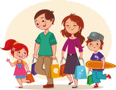 Dört kişilik bir aile ve iki çocuk alışverişten dönüyor. Vektör illüstrasyonu.