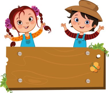 Boş tahta tabelalı mutlu iki çiftlik çocuğu.