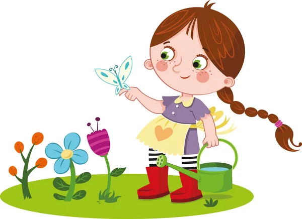 Mały Ogrodnik Izolowany Wektor Ilustracja Dziewczyny Kwiatów — Wektor stockowy