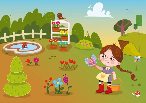 Květinová Zahrada Dívka Vektorová Ilustrace — Stockový vektor