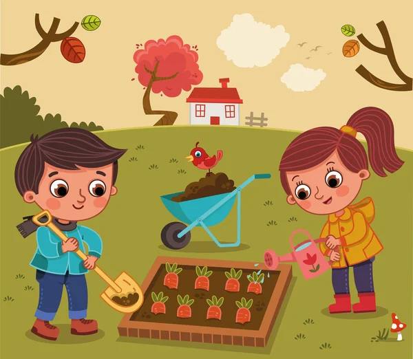 Dzieci Pracują Ogrodzie Warzywnym Ilustracja Wektora — Wektor stockowy