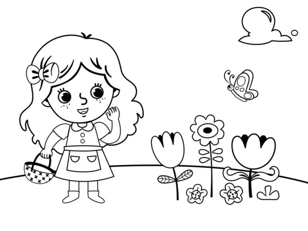 Halaman Mewarnai Dalam Konsep Taman Dengan Seorang Gadis Kecil Ilustrasi - Stok Vektor