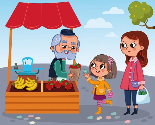 Manav ve annesinin yanında küçük bir kız. Vektör illüstrasyonu.
