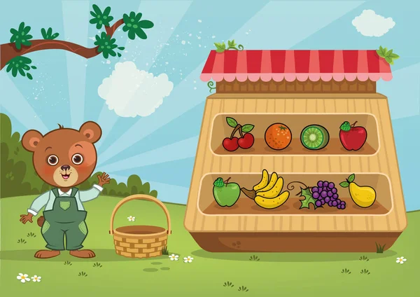 Bear Greengrocer Postava Ukazující Své Produkty Vector Kreslené Ilustrace — Stockový vektor