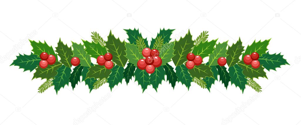 Christmas poinsettia garland. Vector frame, border, decoration for holiday cards, invitations, banners. Holly leaves and berries isolated on a white background. Christmas ornament