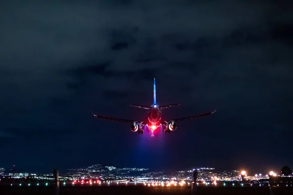 Jet Vliegtuig Landing Scène Nacht — Stockfoto