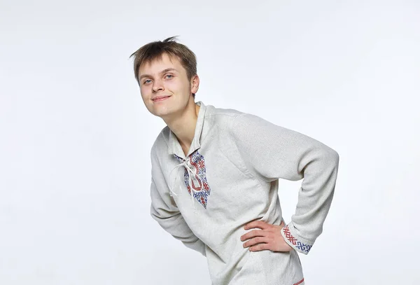 Vacker Ung Man Vitrysk Nationaldräkt Linne Isolerad Vit Bakgrund — Stockfoto