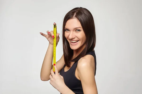 Beautiful Girl Holds Measuring Tape Her Hands Concept Imagination Size — Stock Photo, Image