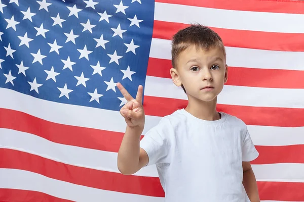Attractive Boy Folded His Fingers Shape Background American Flag — Stock Photo, Image