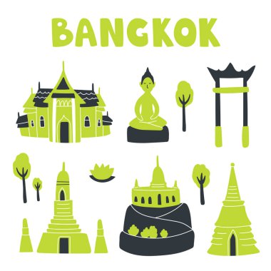 Bangkok cazibelerinin vektör illüstrasyon seti. Stupa, Buddha, altın dağ, şafak tapınağı, salıncak ve saray. Güzel elementler ve karalama stili harflerle elle boğulma sanatı. Tasarım ve konsept için
