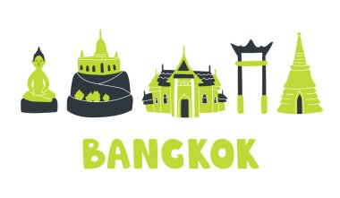 Bangkok siluetinin vektör çizimi. Salıncak, saray, altın dağ, Buda ve stupa. Turistik tanıtım, konsept, posterler, tişört, karalama tarzında beyaz arkaplan blogu