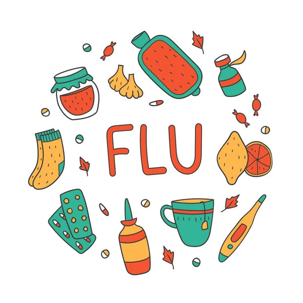 Vector Poster Set Flu Treatments Flu Concept Garlic Cup Lemon — Stock Vector