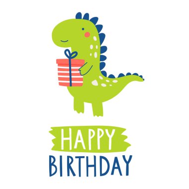 Doğum günü kartının vektör çizimi. Şirin kawaii yeşil dinozoru. Altında küçük kırmızı hediye kutusu ve metin harfleri var. Dino karakteri tasarım kartpostalı, poster, çocuk daveti
