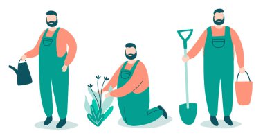 Çizgi filmdeki sevimli bahçıvanla vektör illüstrasyonu. Çiçeklere kürekle bakan, sulama tenekesi olan adamlar. Yeşil tulumlu, sakallı bahçıvanlar. Beyaz arka planda izole edilmiş bahçe işleri kavramı. Karakter tasarımı