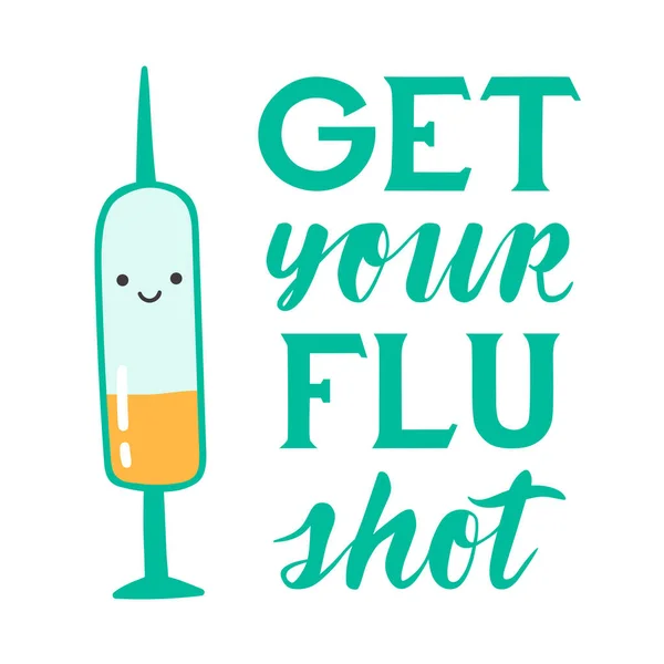 Manifesto Medico Della Vaccinazione Antinfluenzale Illustrazione Kawaii Carino Vettoriale Con — Vettoriale Stock
