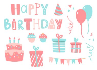 Doğum günü setinin temsilcisi. Parti elemanları, balonlar, kek ve kapkekler, hediye kutusu, parti şapkası, bayraklar ve metin harfleri. Tebrik kartı, tasarım, baskı, poster için