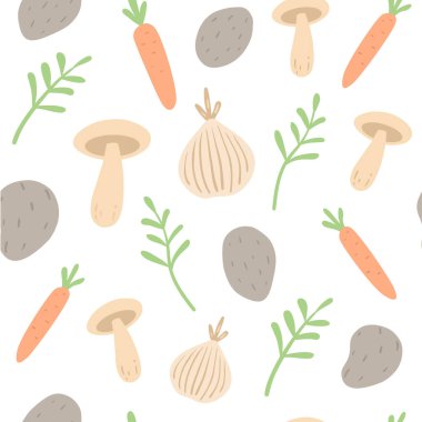 Renkli sebzeler, tekstil, dekor ve afişler için kusursuz vektör besin deseni. Beyaz arka planda organik sağlıklı soğan, havuç, patates, mantar ve yeşillikler.