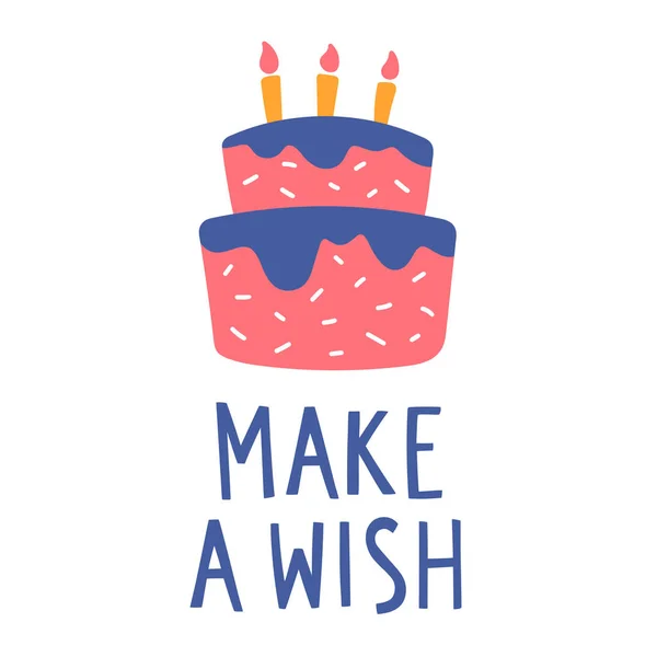 用生日蛋糕和文字字母 许个愿 来表示病媒图解 可爱的幼儿设计概念的快乐生日明信片 印刷材料 海报和派对元素 — 图库矢量图片