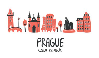 Prag vektör silueti, Charles Bridge silueti, katedral kilise, anıt ve ev şeklinde çizilmiş. Turistik tanıtım, konsept, posterler, tişört, beyaz arka plan blogu