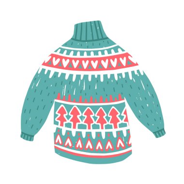 Beyaz arka planda şirin bir elle boğulan vektör süveter. Kawaii Doodle sweatshirt 'ünün kış yılbaşı illüstrasyonu. Kartpostal, tasarım ve tatil kış konsepti için