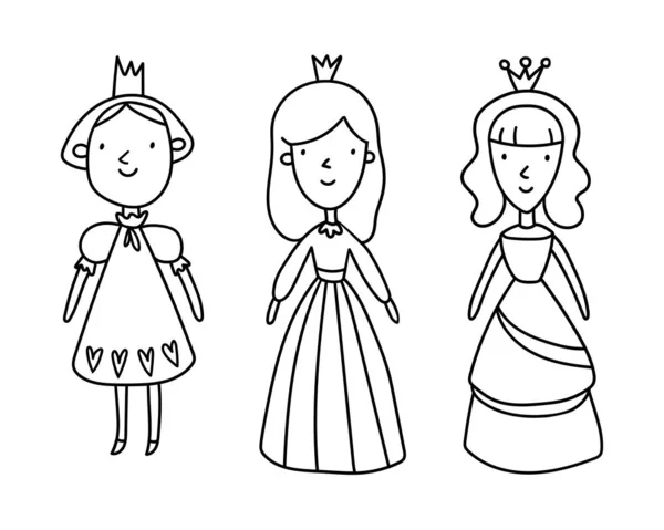 Conjunto Vetor Bonito Princesa Kawaii Três Princesas Bonitas Pequenas Isoladas — Vetor de Stock