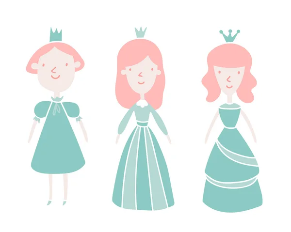 Vector Bonito Conjunto Princesa Princesas Kawaii Cor Rosa Azul Ilustração — Vetor de Stock