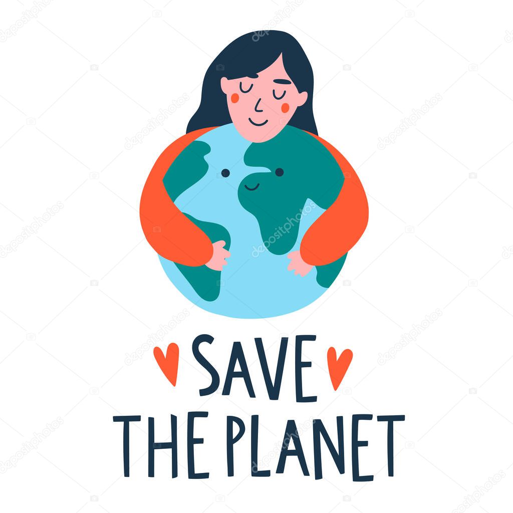 Vector illustration of save planet earth concept. Cute kawaii artwork with girl hugs planet and text lettering below. Motivational poster phrase for Earth day. For greeting card, logo, design, banner
