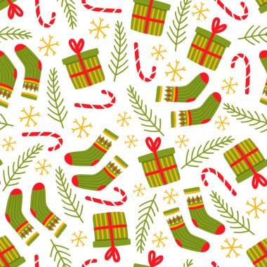 Noel unsurları olan şirin, kusursuz bir şekil. Şeker kamışı, hediye kutusu, Noel kırmızı yeşil çoraplar, kar taneleri ve ladin dalı. Kış tatillerinin kusursuz bir düzeni. Tasarım, tekstil, promosyon