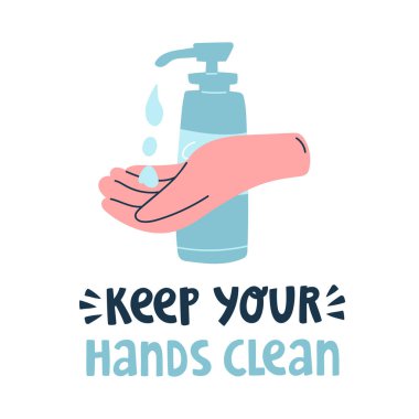 Elleri ve sıvı sabunu olan vektör çizimi. Kişisel temizlik, dezenfeksiyon ve sağlık koruma. Hastalıkları önlemek için karalama çalışması. Bilgi, blog ve tanıtım için kavram
