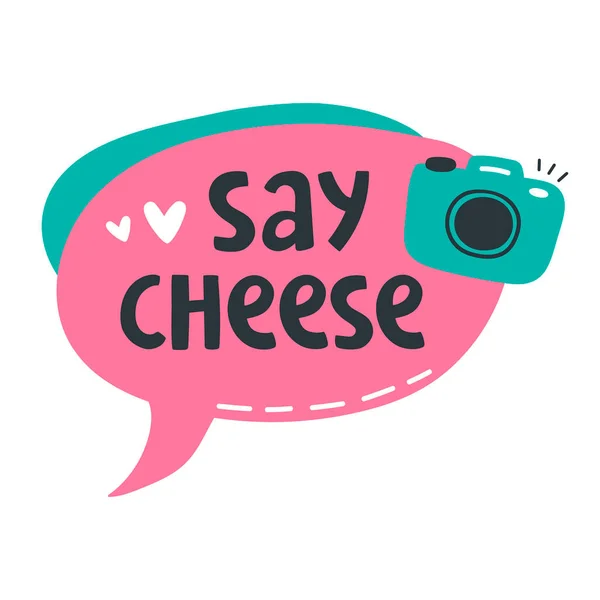 카메라 글씨체 Say Cheese 컨셉이야 스티커 블로그 디자인 인쇄물 티셔츠용 — 스톡 벡터