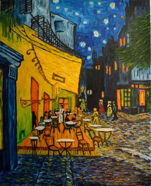 Tuval üzerine boya yapmak. Vincent Van Gogh 'un 1888 Forum Meydanı' ndaki Cafe Terrace adlı ünlü tablosundan uyarlanmıştır..