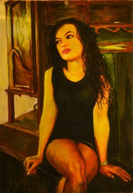 Orijinal resim. Güzel bir kızın portresi. Onun küçük siyah elbisesi. Kağıt üzerinde pastel. Sanatçı, Vladimir Lis. 2016