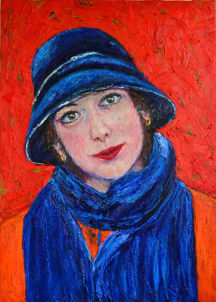 original oil painting. portrait beautiful girl. Ledy in blue hat on red.