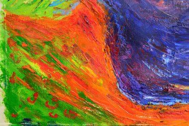 Resim yapmak. Tuval üzerine yağ. Soyut doku. Arkaplan sanatı. Mavi, yeşil ve kırmızı doku. Fırçayla çizilmiş. Modern sanatın bir parçası..