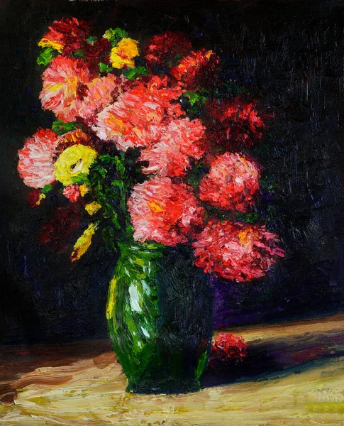 Oil painting a bouquet of flowers . Impressionist style.green vase with pink flowers. is based on the painting - vase with roses and chrysanthemums - I.Strambu.