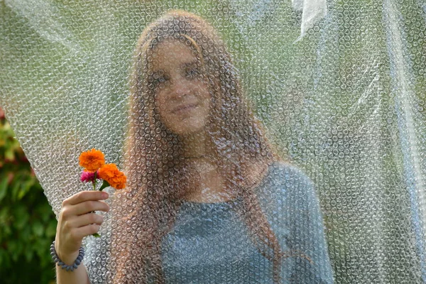 Soft Blurry Photo Polyethylene Model Girl Posing Polyethylene Film Portrait — Stock Photo, Image