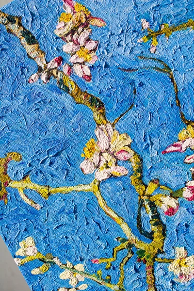 Textura Lona Pinceladas Detalhes Árvore Amêndoa Florescente Pintura Óleo Sobre — Fotografia de Stock