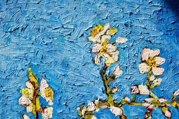 Canvas Texture Brush Strokes Details Blooming Almond Tree Oil Painting — Stock Photo, Image